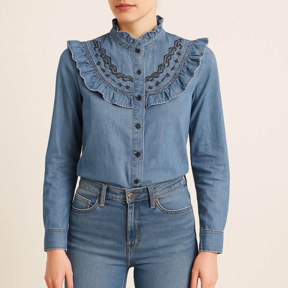 Paris Atelier & Other Stories Embroidered Western Denim Boho Shirt Womens Size 4